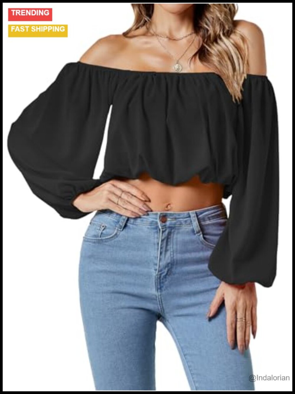 Off Shoulder Crop Top Lantern Long Sleeve Ruched Blouse